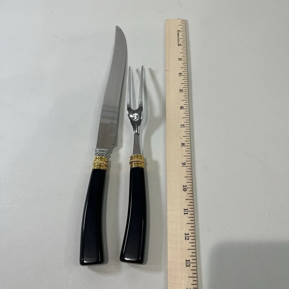 Vintage Glo Hill Carving Set Black Bakelite Gold Stainless Steel Utensils Canada